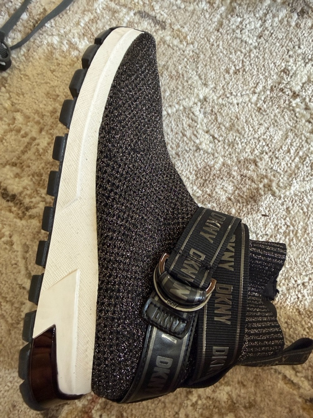 DKNY Black Knit Logo Strap Slip-On Kids Sneakers - Picture 2 of 2